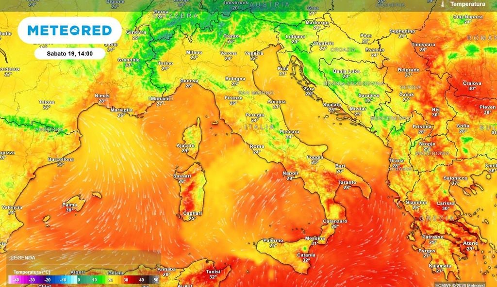 Temperatura massima Durante la giornata di sabato le temperature massime si attesteranno prevalentemente entro i 25 °C.