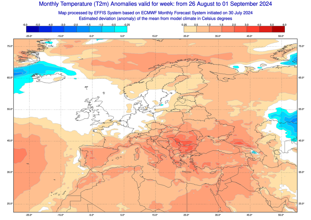 Les fortes chaleurs pourraient continuer à concerner le sud du pays au cours de la dernière partie du mois d'août (source : EFFIS / ECMWF) Les fortes chaleurs pourraient continuer à concerner le sud du pays au cours de la dernière partie du mois d'août (source : EFFIS / ECMWF)