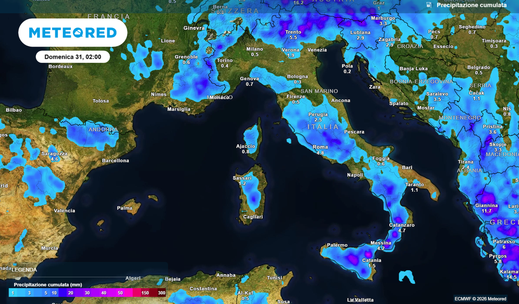 Precipitazione cumulata nel corso della settimana.