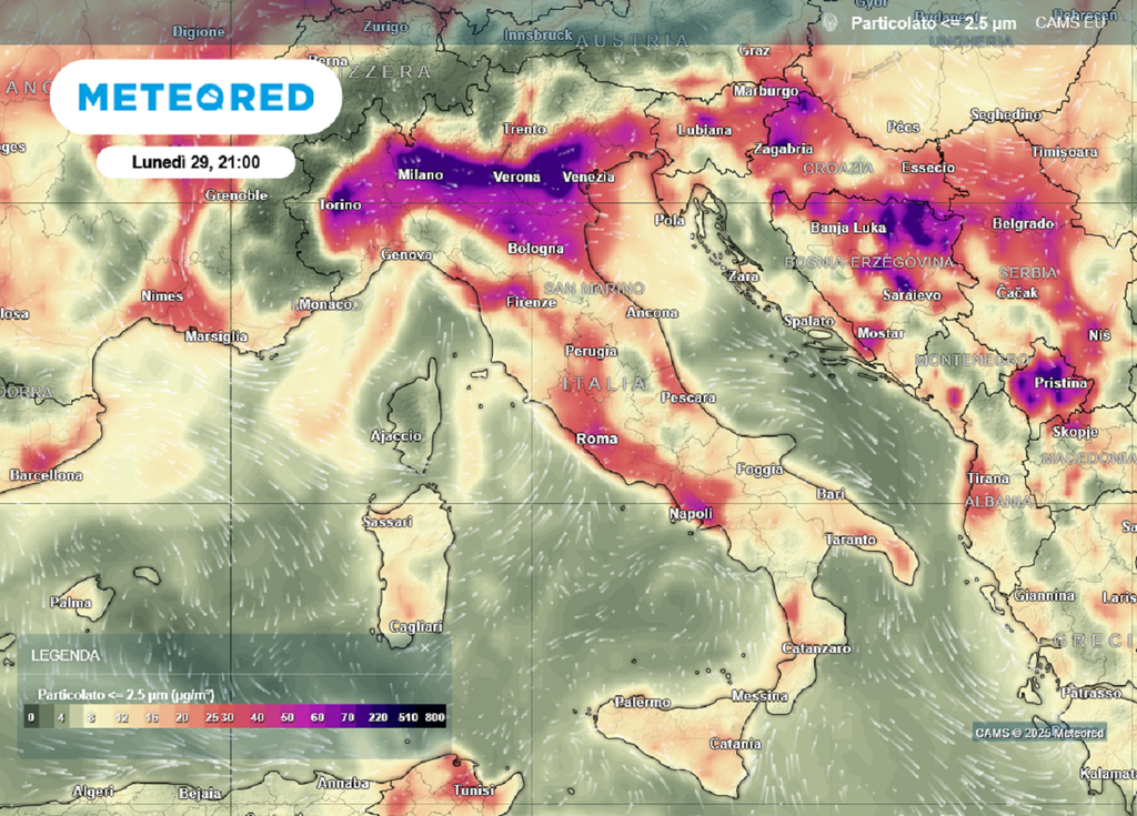 Lunedì 29 dicembre sera si prevedono valori elevati di particelle sottili nell'area della Pianura Padana e nelle grandi città del centro-sud.
