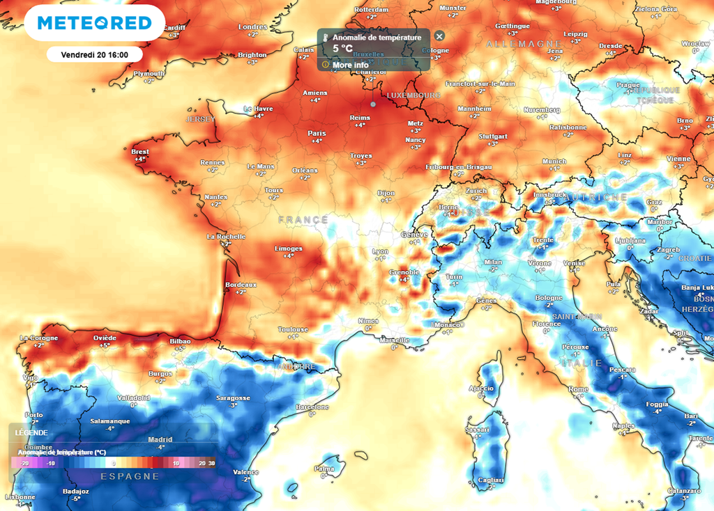 Les températures seront largement supérieures aux normales de saison de l'Atlantique jusqu'au nord-est.