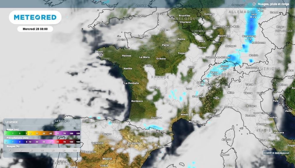 Le front froid termine de s'évacuer ce mercredi matin en direction des Alpes et des Pyrénées. Le front froid termine de s'évacuer ce mercredi matin en direction des Alpes et des Pyrénées.