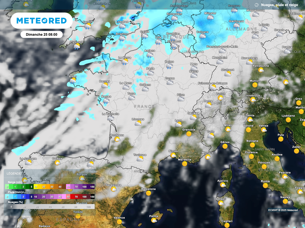 En matinée de dimanche, le ciel s'annonce couvert et faiblement pluvieux dans le nord-ouest. En matinée de dimanche, le ciel s'annonce couvert et faiblement pluvieux dans le nord-ouest.