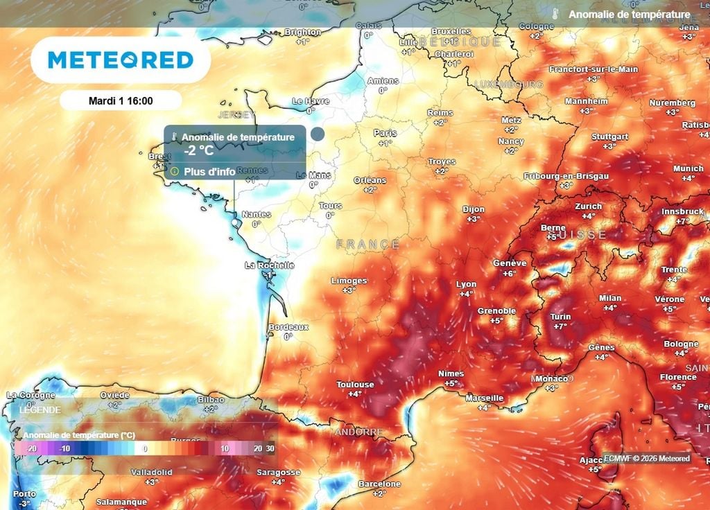 Anomalies de températures La masse d'air restera assez fraîche pour la période sur le nord et le nord-ouest de la France cet après-midi