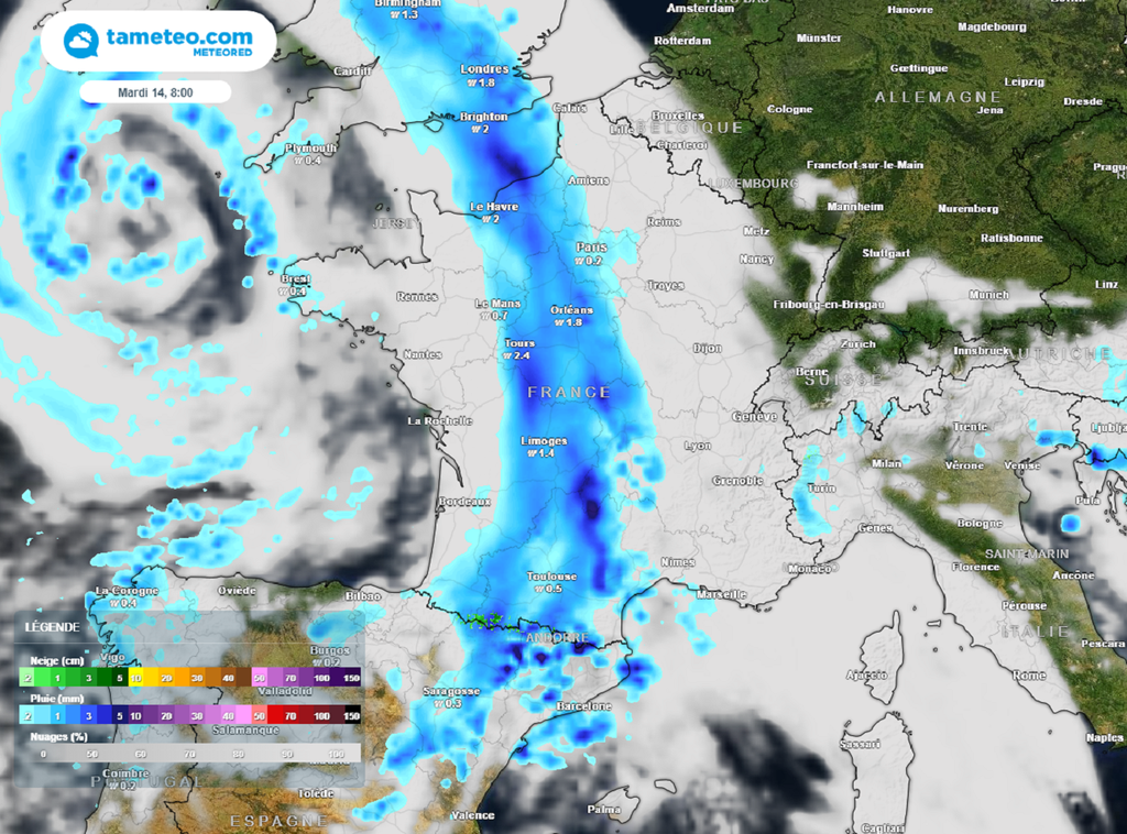 Une perturbation pluvieuse active traversera le pays d'ouest en est entre lundi et mardi.