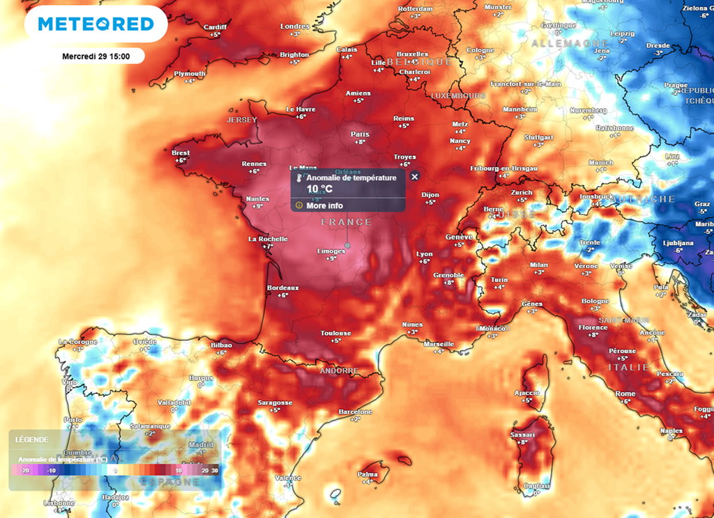 La chaleur dominera en milieu de semaine avec des valeurs situées jusqu'à 10°C au-dessus des normales de saison.