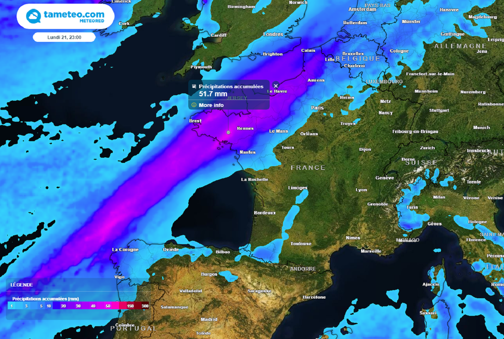 C'est un lundi très pluvieux pour les régions du nord-ouest où les cumuls atteindront localement les 50 mm.