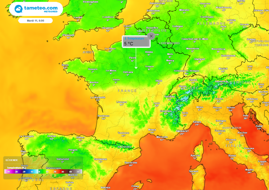 La fraîcheur deviendra encore plus marquée au réveil avec souvent autour de 5°C dans les campagnes de la moitié nord.