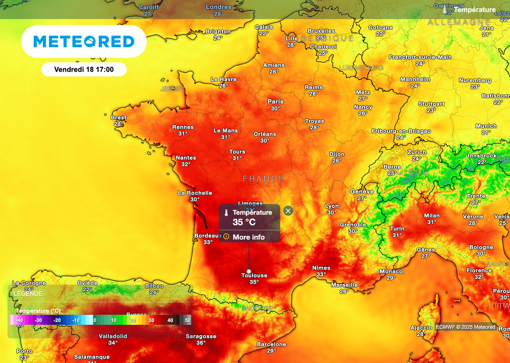Fortes chaleurs vendredi : 30°C à Paris, 32°C à Nantes et 35°C à Toulouse. Fortes chaleurs vendredi : 30°C à Paris, 32°C à Nantes et 35°C à Toulouse.