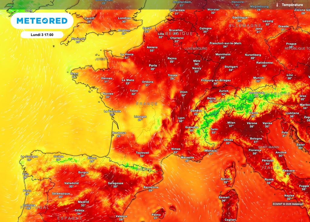 Plus de 35°C envisageables sur la moitié nord lundi. Moins chaud dans le sud-ouest sous les passages orageux. Plus de 35°C envisageables sur la moitié nord lundi. Moins chaud dans le sud-ouest sous les passages orageux.
