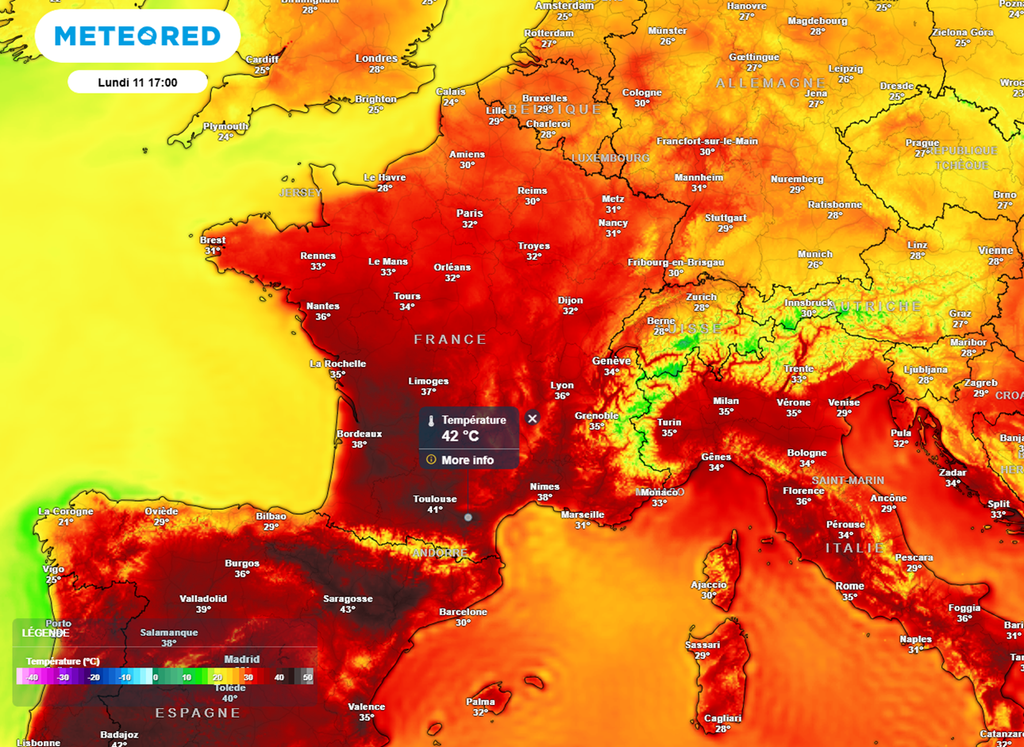 La barre des 40°C sera régulièrement dépassée lundi après-midi dans un large quart sud-ouest. La barre des 40°C sera régulièrement dépassée lundi après-midi dans un large quart sud-ouest.