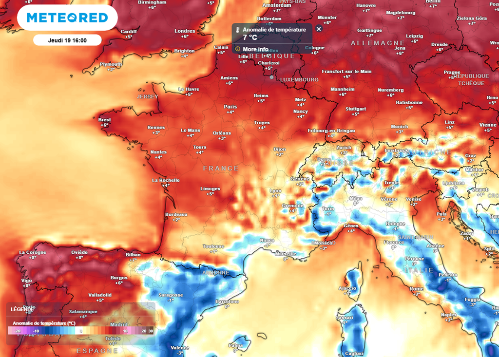 La journée de jeudi sera l'une des plus douces de la semaine avec des valeurs situées jusqu'à 7°C au-dessus des normales de saison.