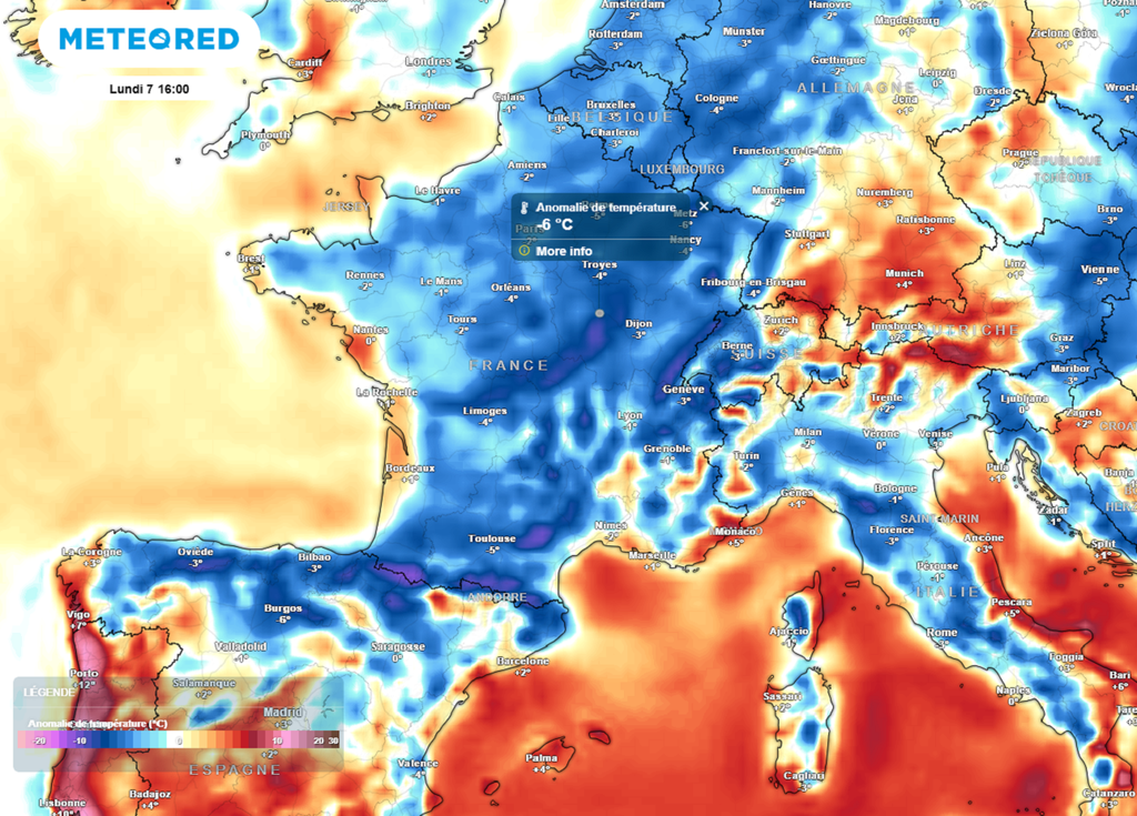 La fraîcheur est quasi-généralisée ce lundi avec un mercure situé jusqu'à 6°C en dessous des normales de saison.