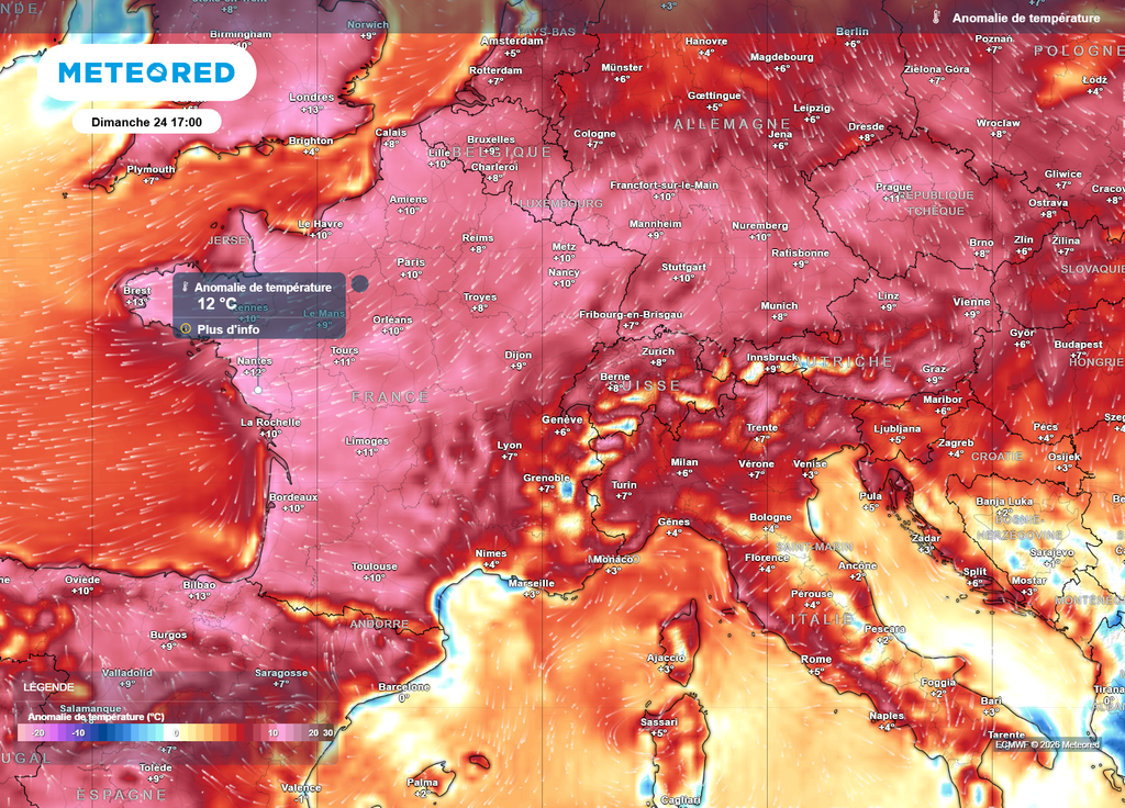 Anomalie de températures dimanche après-midi Ce dimanche après-midi, c'est à nouveau près de l'Atlantique que l'anomalie de températures sera la plus importante.