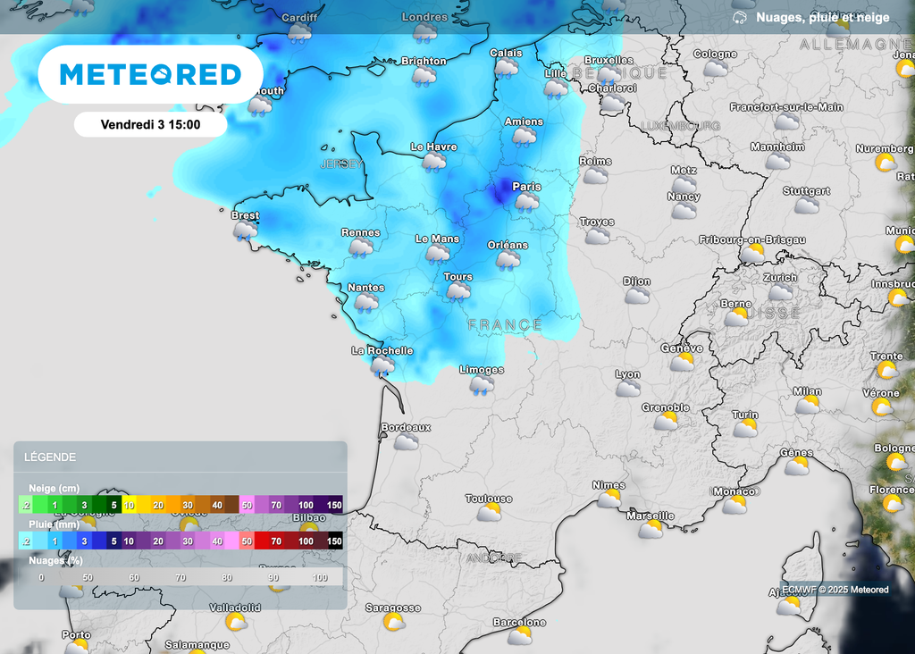 De la pluie demain après-midi sur un grand quart nord-ouest.