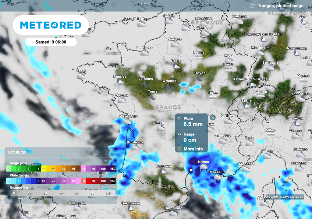 Fortes pluies orageuses ce samedi matin entre Perpignan, Montpellier et Marseille. Fortes pluies orageuses ce samedi matin entre Perpignan, Montpellier et Marseille.