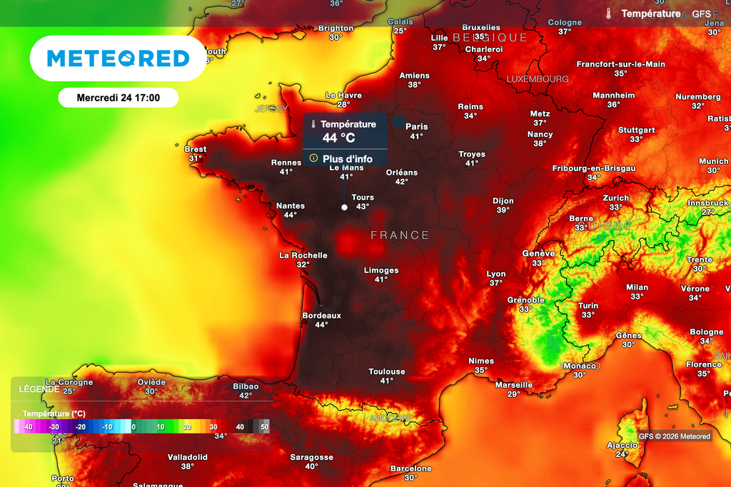 Maximales attendues cet après-midi en France d'après le modèle GFS.