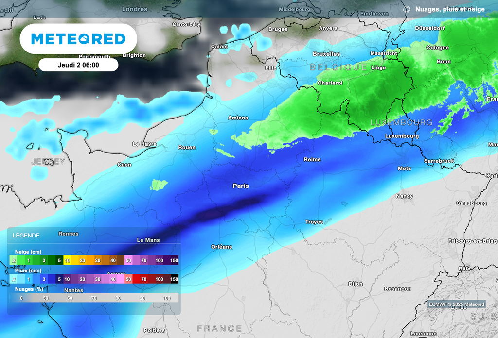 Chutes de neige possibles en plaine en fin de nuit prochaine entre la Picardie et les Ardennes.
