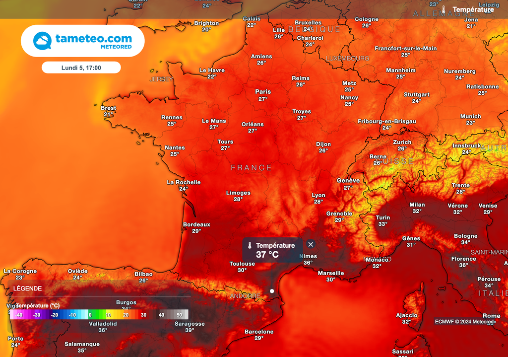 Les températures sont estivales sur toute la France ce lundi après-midi. Toujours de très fortes chaleurs en direction du sud-est.