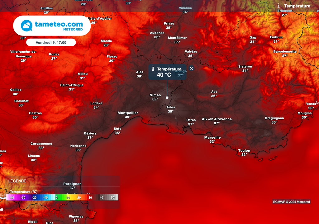 Températures prévues vendredi après-midi dans le sud-est de la France.