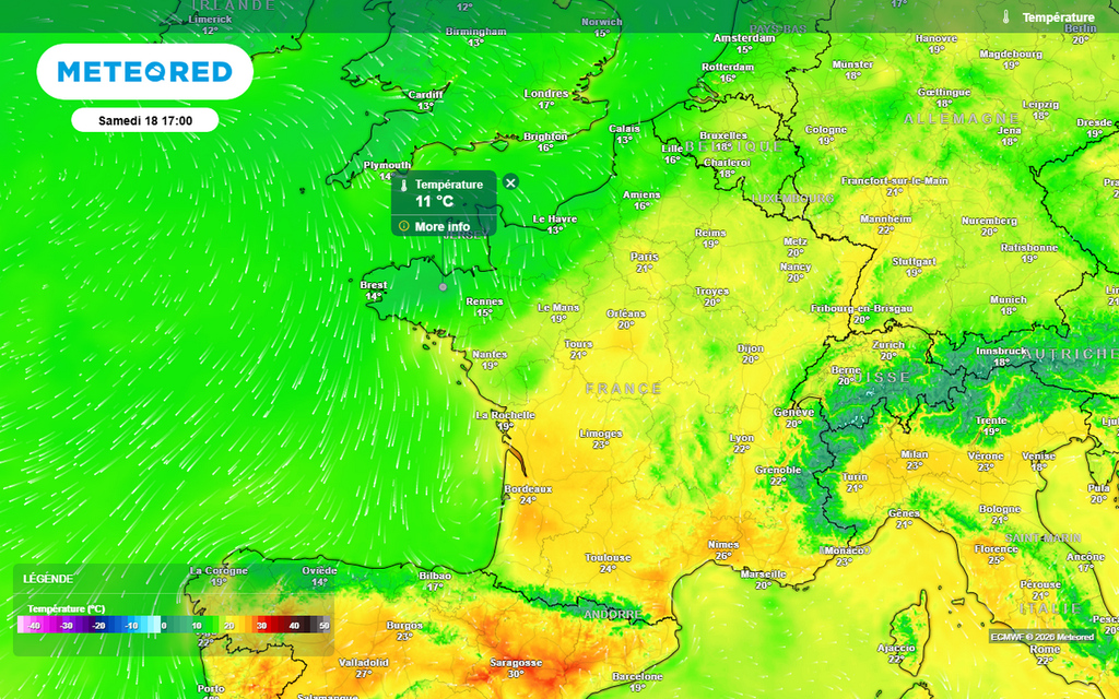 De l'air plus frais pourrait se propager par le nord-ouest de la France samedi, alors que les températures resteront élevées pour la période ailleurs