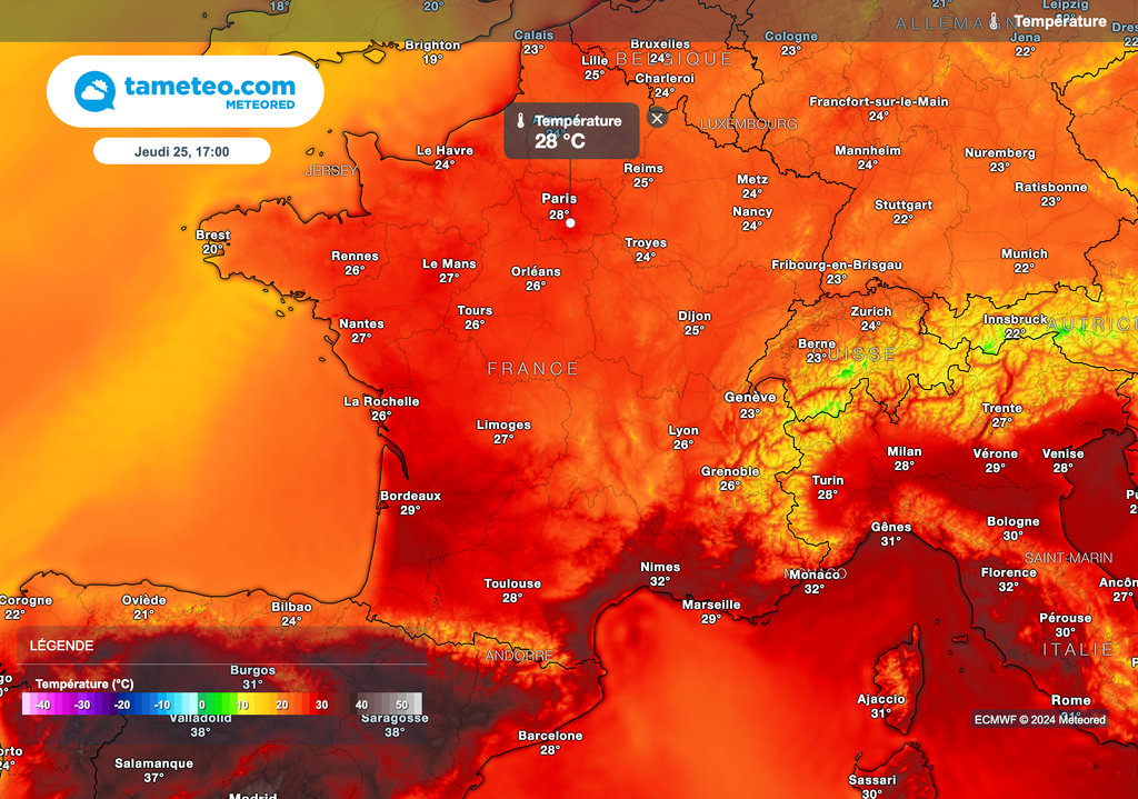 Maximales prévues jeudi après-midi en France. Maximales prévues jeudi après-midi en France.