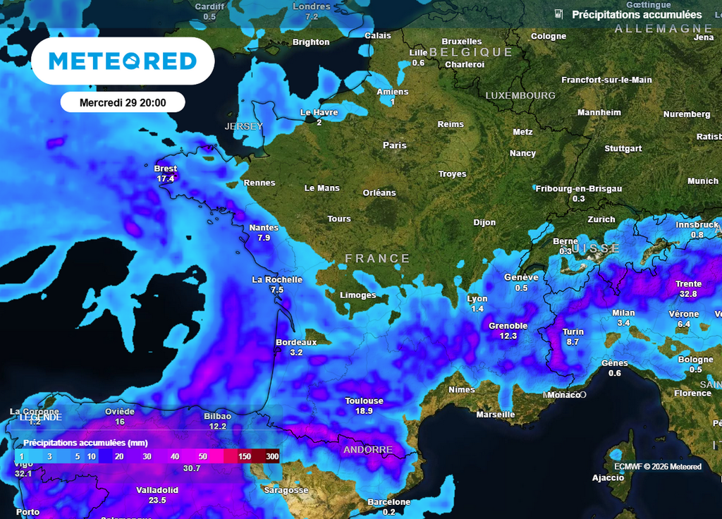 Le risque de précipitation pourrait se montrer plus franc sur l'ouest et le sud de la France d'ici le milieu de semaine prochaine en liaison au passage d'une goutte froide selon le modèle européen ECMWF