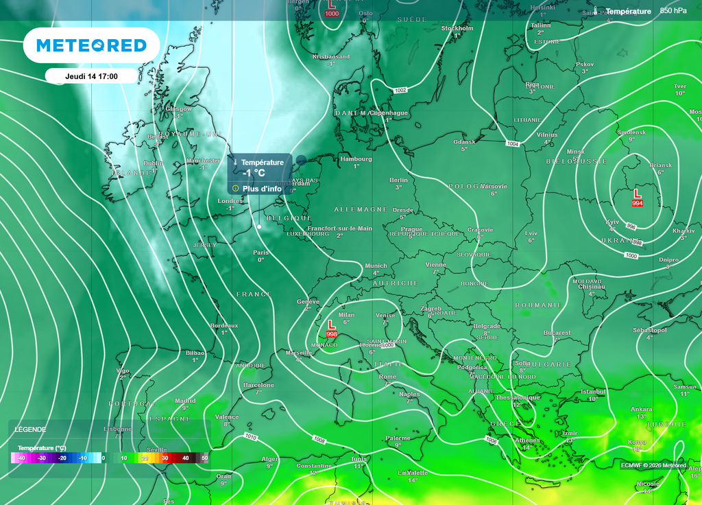 Températures à 850 hPa et isobares jeudi après-midi En bleu très clair sur cette carte, l'arrivée de l'air polaire maritime sur la France dans l'après-midi du jeudi de l'Ascension.