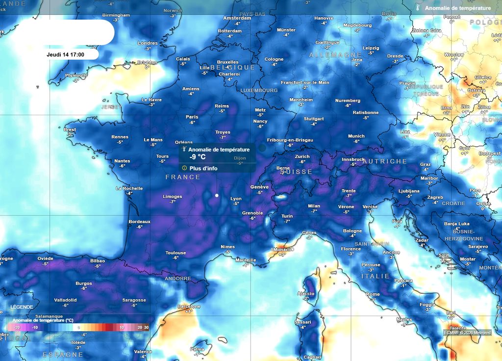 Anomalie de températures jeudi après-midi Toute la France sera soumise jeudi après-midi à une fraîcheur totalement hors saison, avec des températures souvent 5 à 8°C sous les normales d'une mi-mai.
