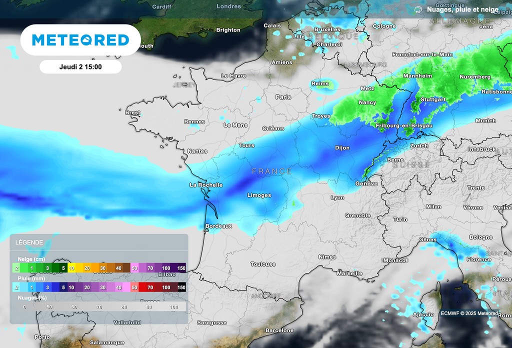 Placement de la perturbation aujourd'hui en milieu d'après-midi. En vert, les chutes de neige possibles en plaine.