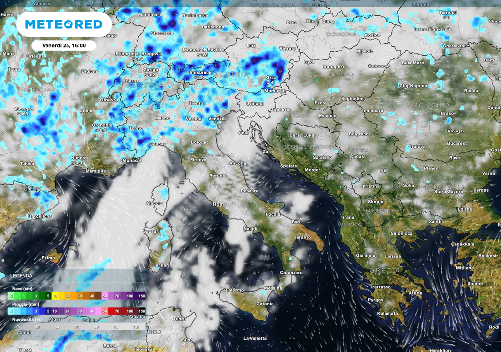 Venerdì 25 luglio, ore 16:00: piogge diffuse al Nord-Ovest