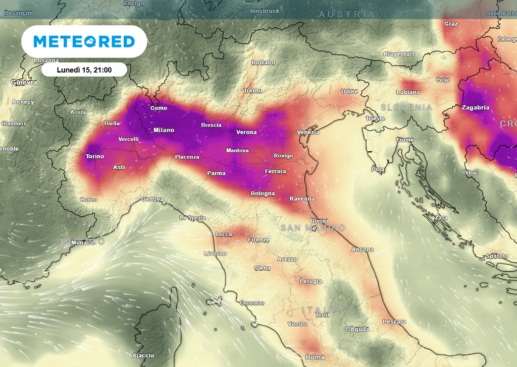 La carta delle polveri sottili (PM10) mostra valori molto elevati anche per lunedì sera. Seguirà un netto miglioramento della situazione. La carta delle polveri sottili (PM10) mostra valori molto elevati anche per lunedì sera. Seguirà un netto miglioramento della situazione.