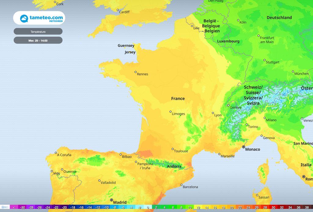 Carte des températures mercredi 29/12 14h Carte des températures mercredi 29/12 14h