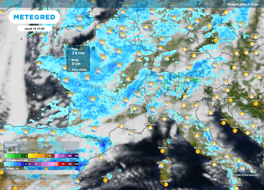 Nuages pluies et neige jeudi Jeudi 14 mai, jour de l'Ascension, les passages pluvieux seront extrêmement fréquents sur la France, à l'exception du littoral méditerranéen.
