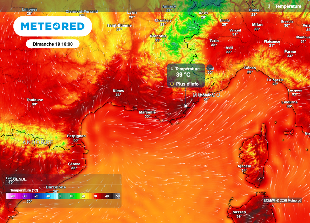 Foehn La journée de dimanche s'annonce encore très chaude sur le pourtour méditerranéen avec des maximales particulièrement élevées entre Côte d'Azur et Corse sous le foehn