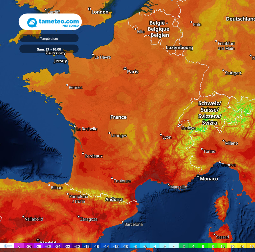 Températures prévues samedi 27 août 2022 après-midi .