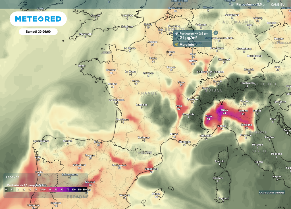 Les particules fines seront présentes surtout dans les zones les plus abritées des vents comme par exemple en vallée du Rhône. Ailleurs, concentrations généralement modérées.