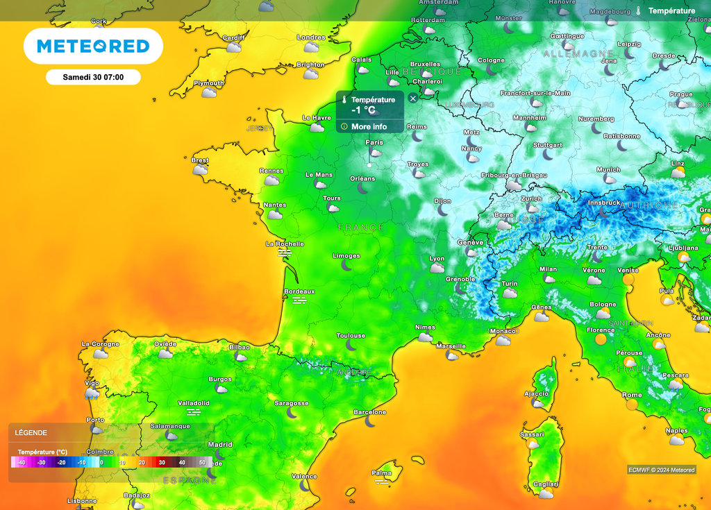 Le gel concernera aussi la région parisienne. Plus froid vers les plaines du nord-est.