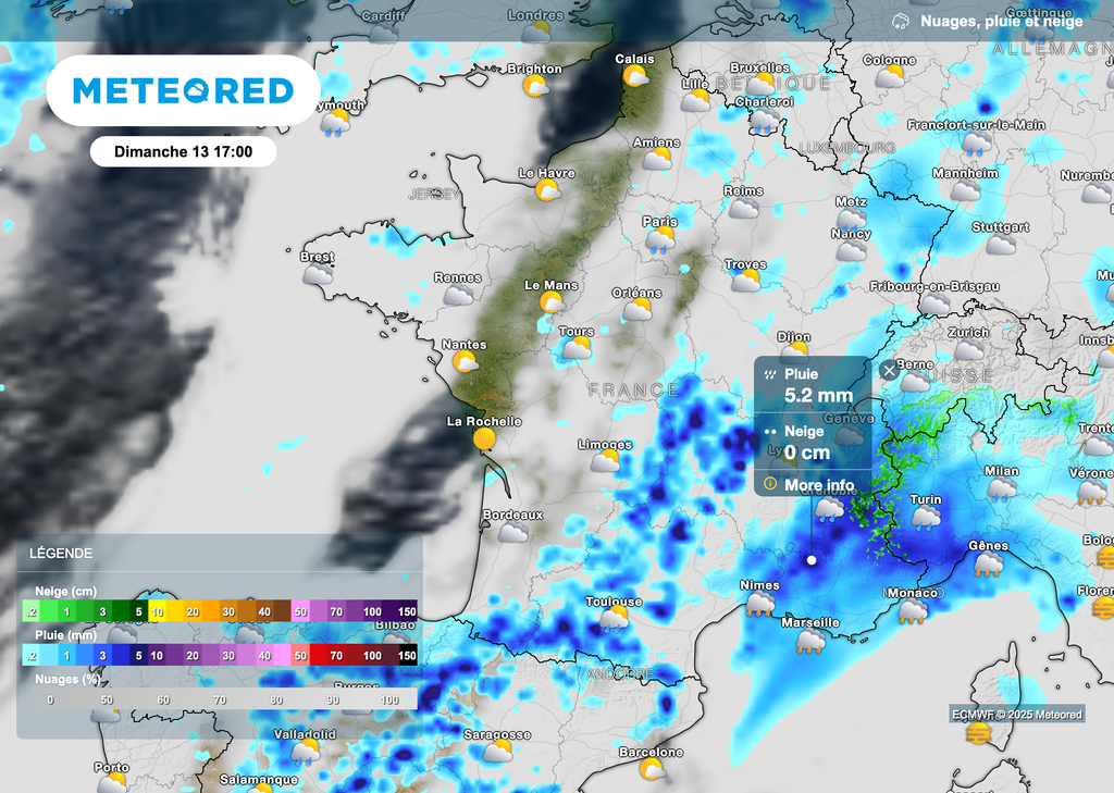 Météo pluvieuse dans le sud-est dimanche après-midi.