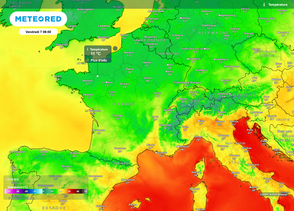 Un vent de fraîcheur en vue sur la moitié Nord : les valeurs seront souvent inférieures à 15°C ce vendredi matin, de quoi aérer son logement avant le retour des fortes chaleurs !