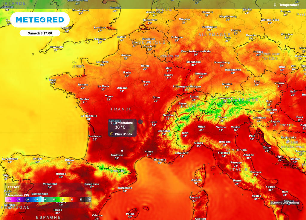 Samedi après-midi, le quart Sud-Ouest et la vallée du Rhône atteindront déjà les 38°C, alors que la moitié Nord renouera avec des températures supérieures à 30°C.