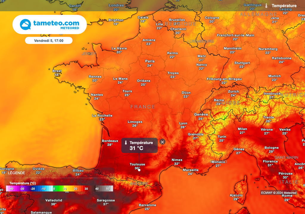 Températures plus estivales prévues vendredi après-midi sur la France.