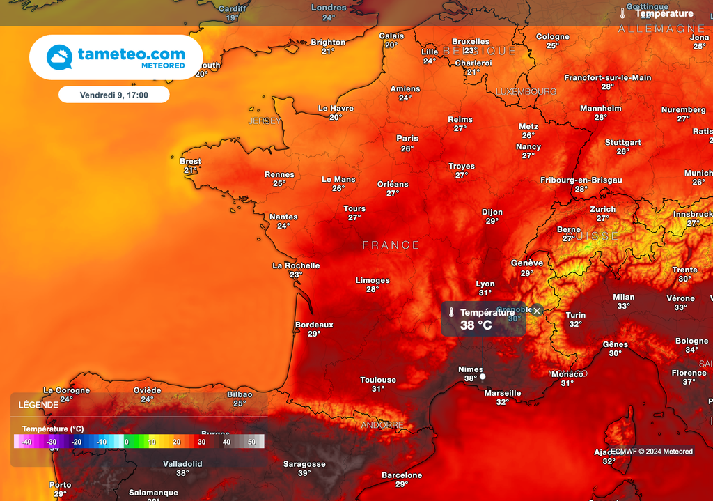 Des pointes à plus de 38 degrés attendues dans le sud-est de la France vendredi après-midi. Des pointes à plus de 38 degrés attendues dans le sud-est de la France vendredi après-midi.