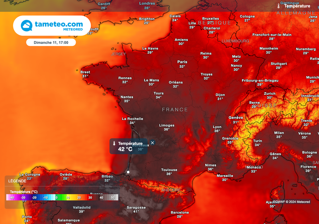 Plus de 40 degrés dimanche après-midi dans le sud-ouest de la France ! Plus de 40 degrés dimanche après-midi dans le sud-ouest de la France !