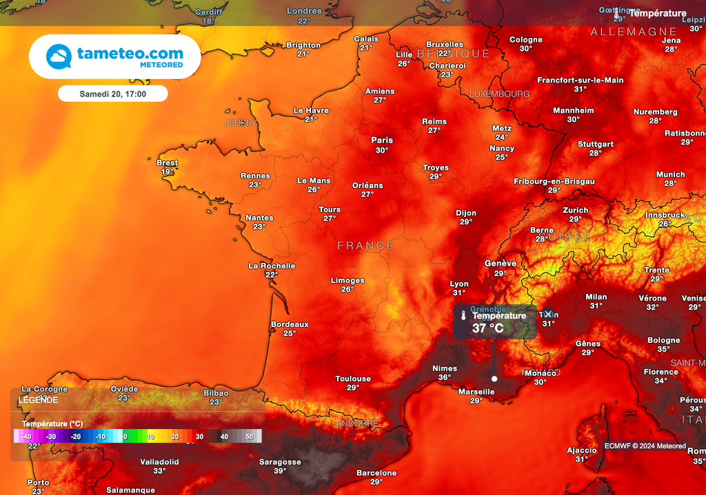Toujours de très fortes chaleurs dans le sud-est de la France samedi après-midi !