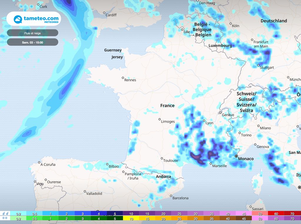 Carte des précipitations prévues samedi à 15h.