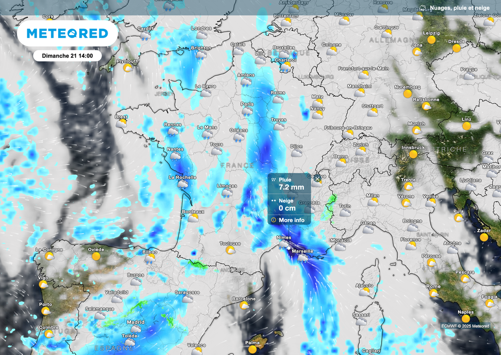 La pluie sera fréquente dimanche en France. Cumuls parfois conséquents dans le sud-est. Prudence. La pluie sera fréquente dimanche en France. Cumuls parfois conséquents dans le sud-est. Prudence.
