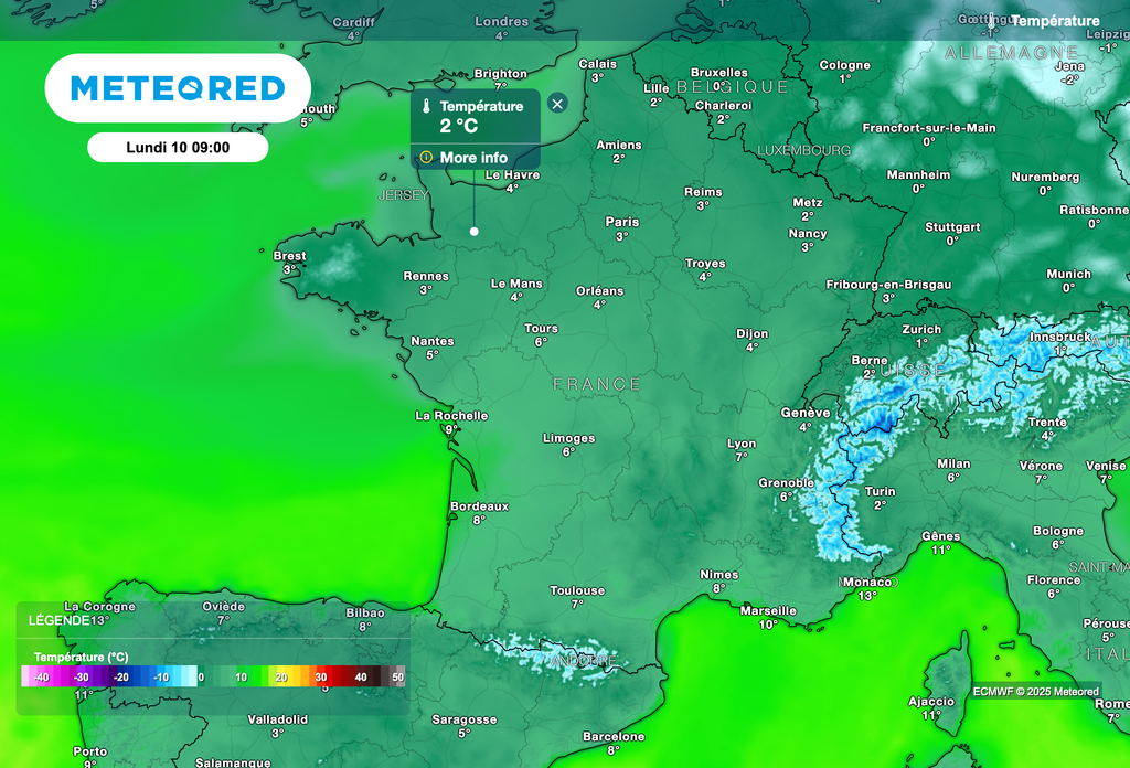 Températures prévues ce lundi matin à 9 heures.