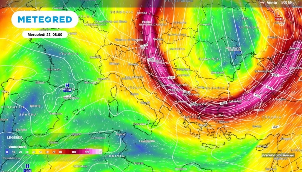 Il cambio di circolazione evidenziato da questa mappa, previsto per le prime ore di mercoledì 23, ci offre la possibilità di vedere la proiezione più orientata al freddo del modello europeo. ECMWF MeteoRed