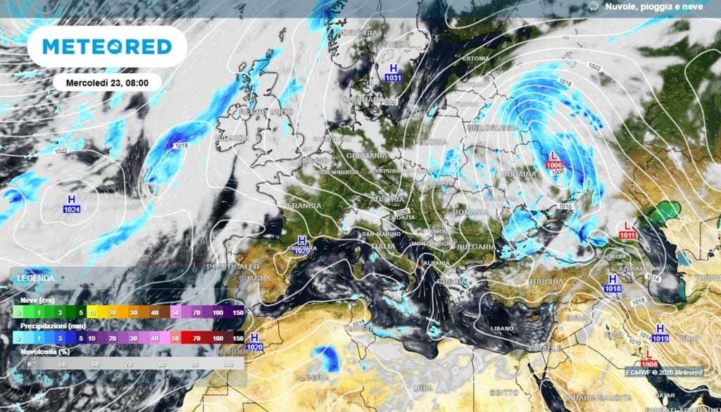 La mappa di martedì 22 ci mostra la discesa fredda sull'Europa orientale, che potrebbe influenzare il tempo anche sull'Italia nei giorni successivi. ECMWF MeteoRed